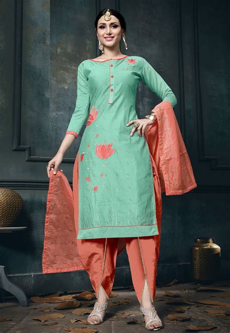 Sea Green Cotton Dhoti Salwar Suit 163513 Dress Materials Fashion Designer Suits