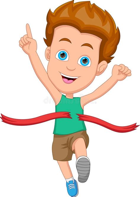 Cartoon Boy Winning First Place In Running Race Competition Stock