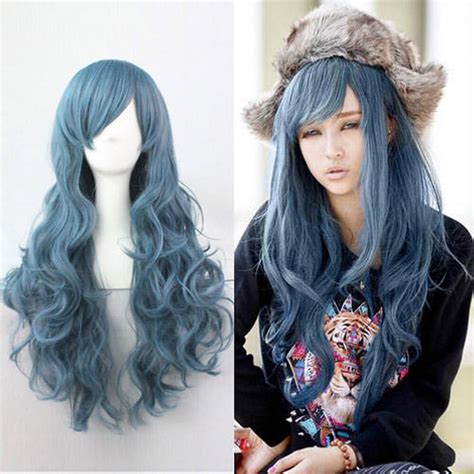 Blue Lolita Long Curly Wavy Fashion Hair Full Wig Anime