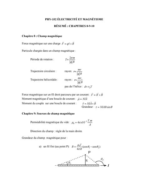 Phy332 résumé 8 9 10 PHY 332 ÉLECTRICITÉ ET MAGNÉTISME RÉSUMÉ