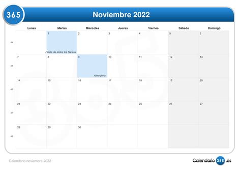 Calendario Noviembre 2022