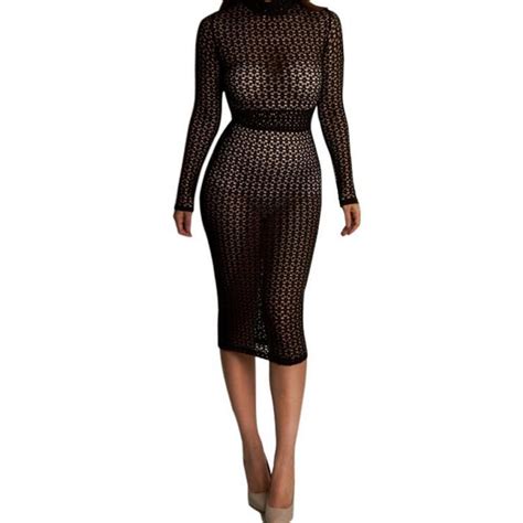 Elegant Black Grid Dress Long Sleeved See Through Hollow Lace Slim