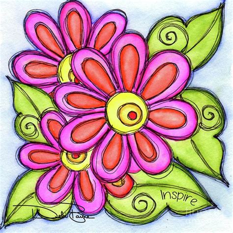 Pink And Orange Flowers By Debi Payne Whimsical Wall Art Doodle