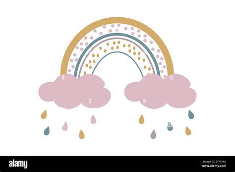 Cute Baby Boho Rainbow With Clouds And Rain In Scandinavian Style