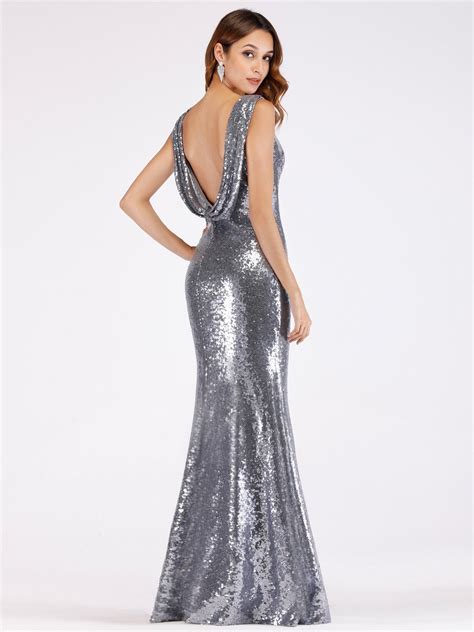 Fitted Silver Sequin Evening Dress With Open Back Ever Pretty Prom