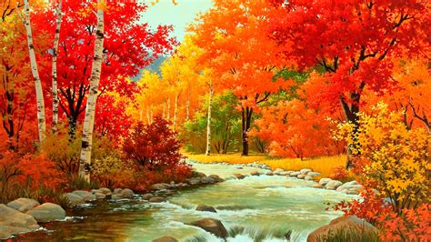 Autumn River Painting Download Wallpaper Nature And Landscape