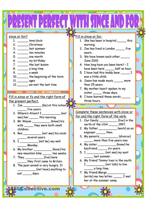 Present Perfect with since and for Enseñanza de inglés Expresiones
