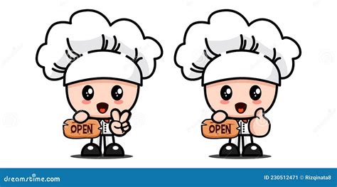 Adorable Chef Holding Open Sign Cute Adorable Doodle Illustration