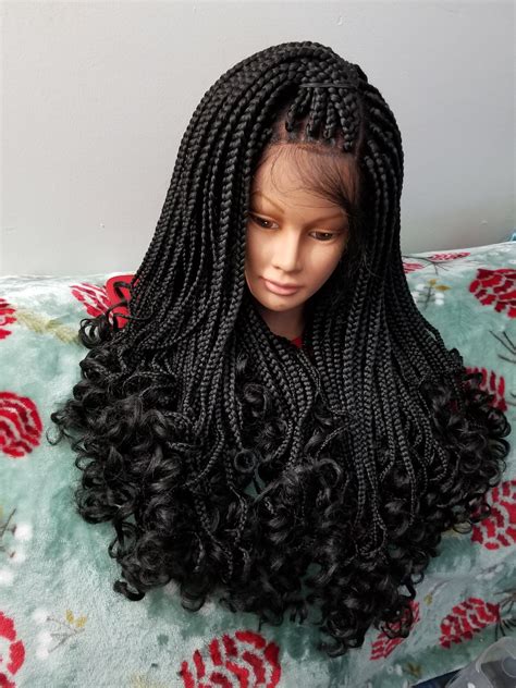 Handmade Braided Lace Wig Goddess Box Braids Lace Front Wig With Curly Tip Ends Color 1b Black