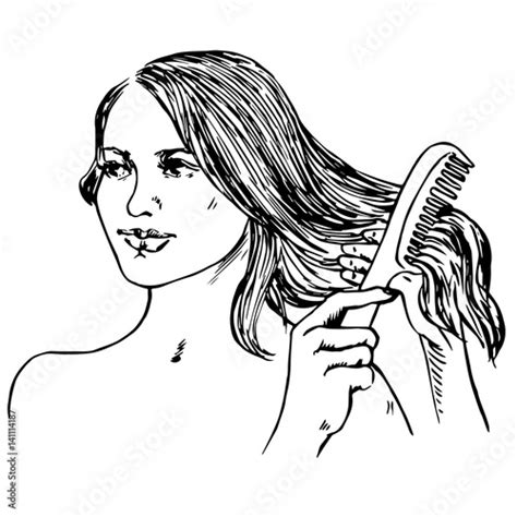 Young Beautiful Girl Brushing Her Hair Hand Drawn Doodle Sketch In