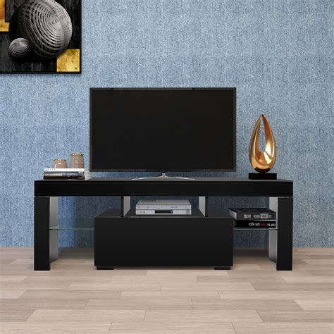 Black Tv Stand For Tvs Yofe High Gloss Tv Stand With Led Lights
