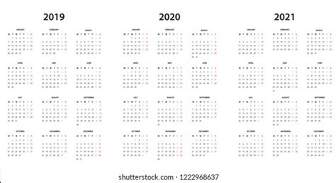 Calendar 2019 2020 2021 Simple Template Stock Vector Royalty Free