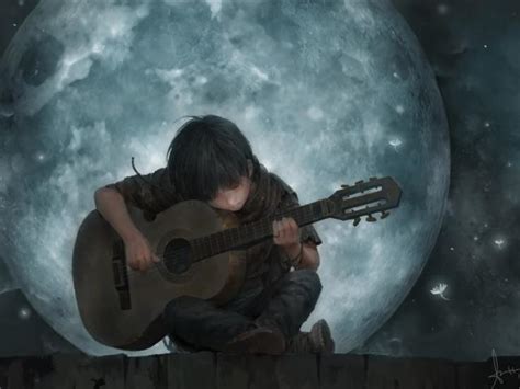 Little Boy On Full Moon Night Playing Guitar Art Wallpaper Hd Artist