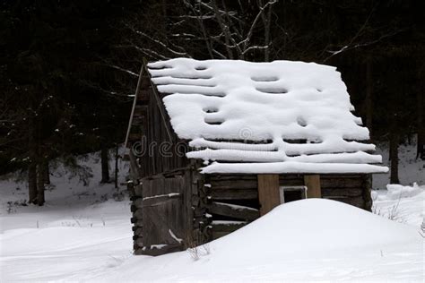 Old Wooden Hut Covered With New Fallen Snow In Winter Forest At Stock