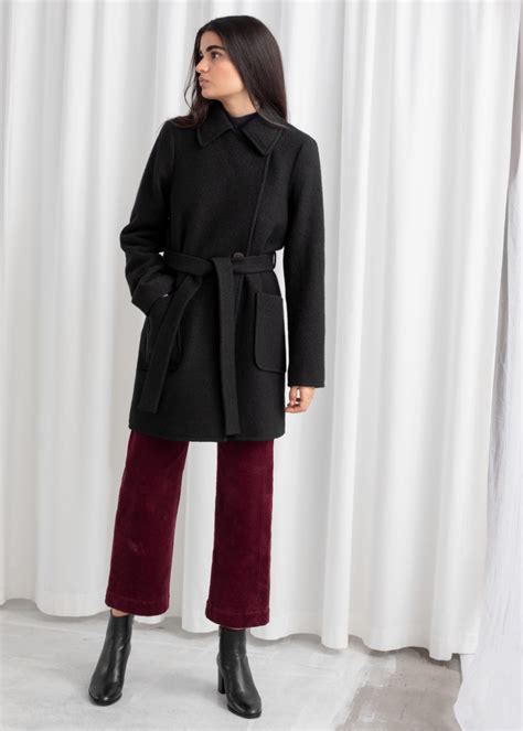 Belted Wool Blend Collared Coat Black Jackets And Coats And Other