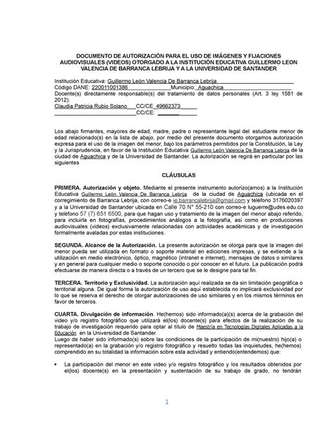 Formato Autorizacion Uso Imagen Documento De AutorizaciÓn Para El Uso