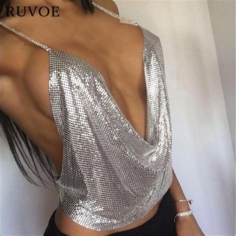 Summer Fashion Women Gold Metal Crop Top Sexy Halter Sequin Chain Backless Tops Club Vest