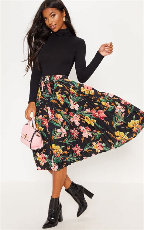 Black Floral Printed Pleated Midi Skirt Prettylittlething