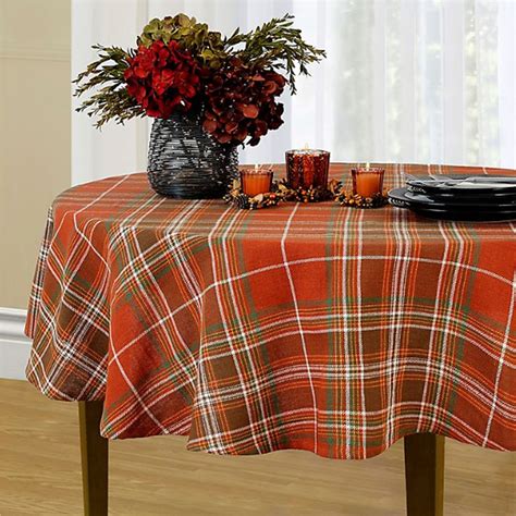 Loden Harvest Plaid 70 Round Tablecloth Fall Rust Brown Green White