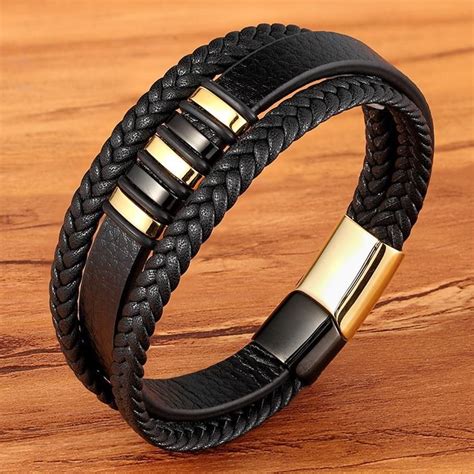 3 layers black gold punk style design genuine leather bracelet for men with steel magnetic