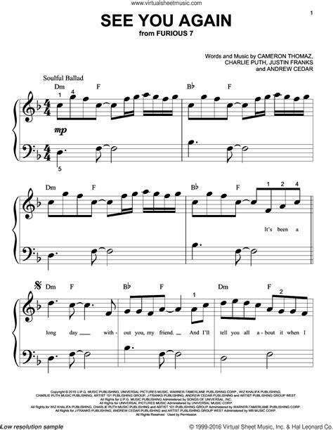 Because i'm a „fast & furious movies fan, the song „see you again became one of my favorite emotional pop i've prepared piano notes for this song, so feel free to learn playing it on piano or keyboard. Puth - See You Again sheet music for piano solo (big note ...