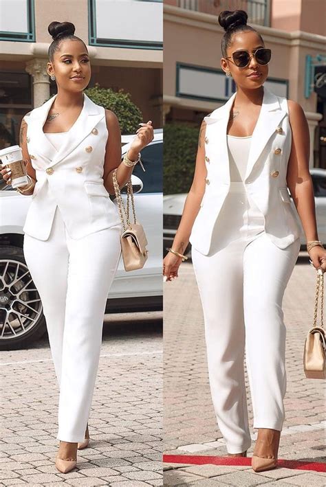 Fashion Button Vest White Two Piece Pants Suit Woman Suit Fashion