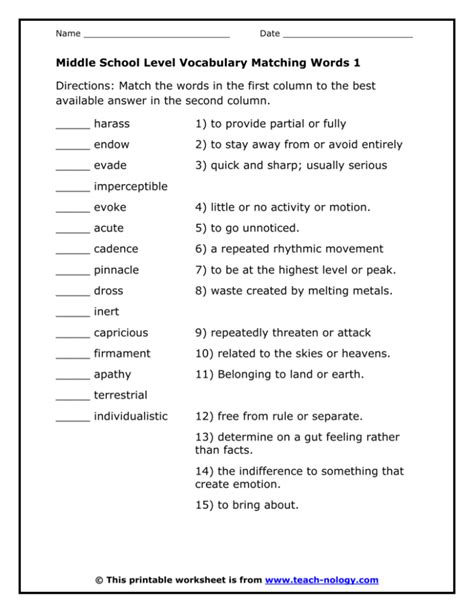 Middle School Level Vocabulary Matching Words 1 Teach