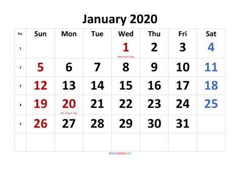 Printable January 2020 Calendar With Holidays