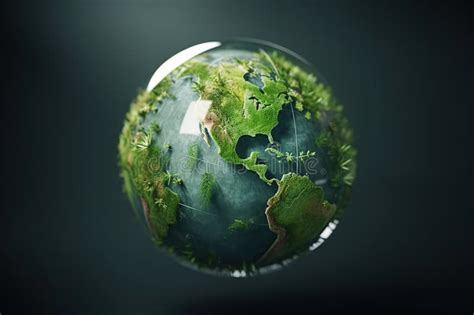 Planet Earth Globe With Green Leaves On Dark Background Concept Of