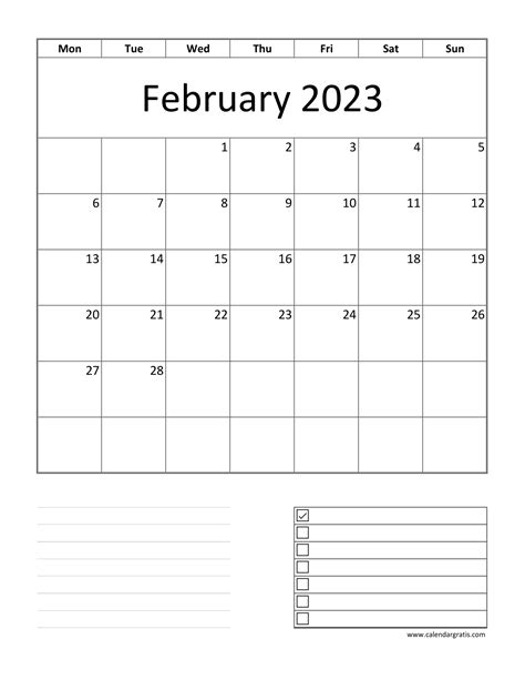 February 2023 Calendar Monday Start Printable To Do List Notes And Lines