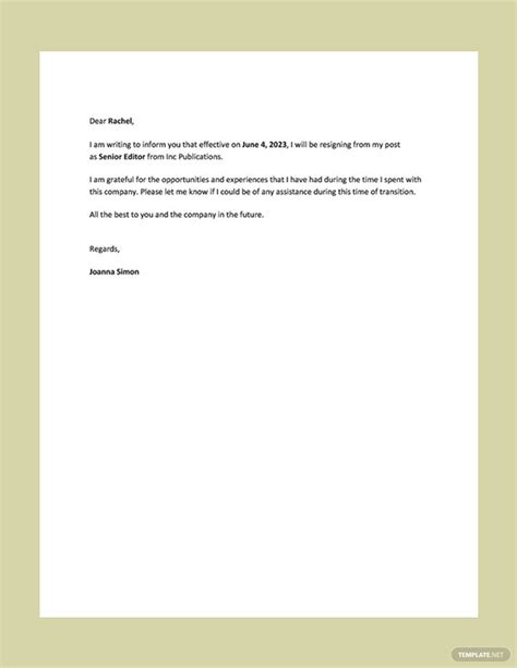 Short And Sweet Resignation Letter Sample