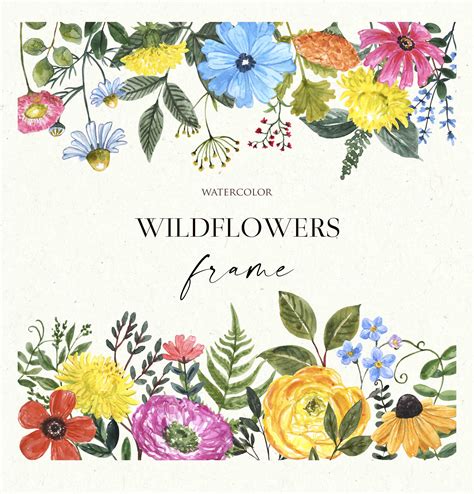 Wildflowers Frame Floral Border Clipart Watercolor Wild Etsy