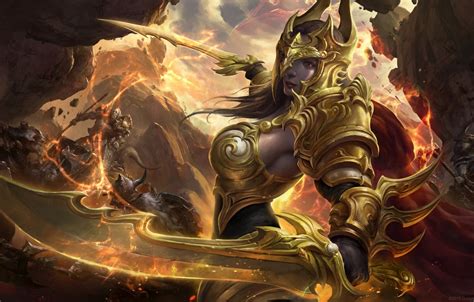 Wallpaper Girl Gold Rocks Flame Magic Woman Figure Sword Armor