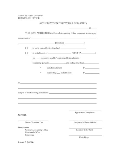 Authorization For Payroll Deduction Form