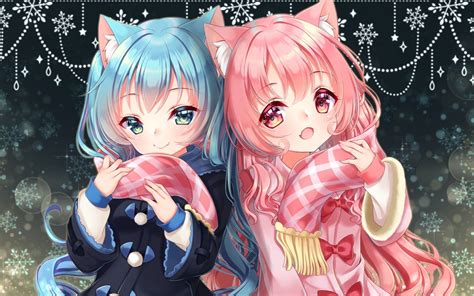 Anime Girls Loli Pink And Blue Hair Animal Ears Cute Pink And