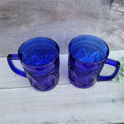 Vintage Cobalt Blue Glass Mugs Two Luminarc Cristal Etsy