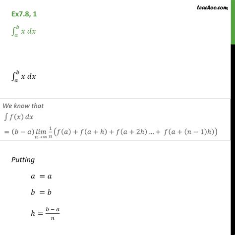 ex 7 8 1 integrate x dx from a to b by limit as a sum