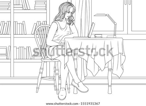 Vector Illustration Cute Girl Sitting Table Stock Vector Royalty Free