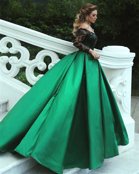 off the shoulder green satin prom ball gowns with black lace long sleeves 2018