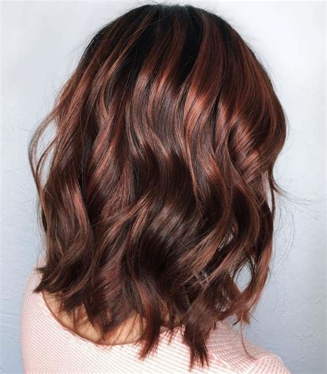 Wavy Bob With Cherry Highlights Chocolate Brown Hair Color Hair