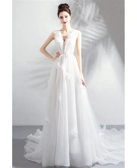 Fairy White Petals V Neck Boho Wedding Dress Simple With Train