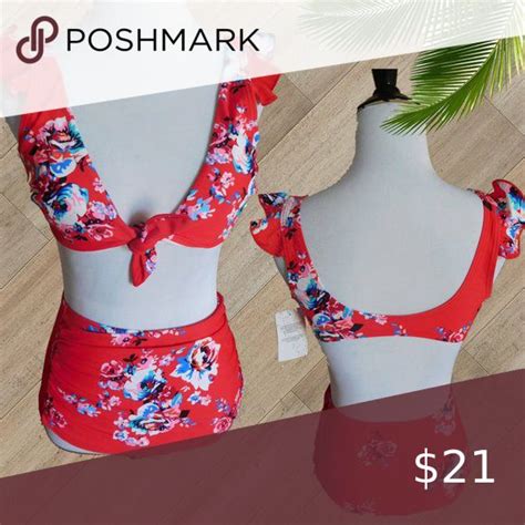 Nwt Red Floral Front Tie Two Piece Swims Uit Red Floral Two Piece