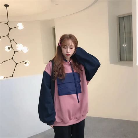 Womens Sweatshirts Japanese Harajuku Ulzzang Casual Stitching Hooded Sweatshirt Female Korean