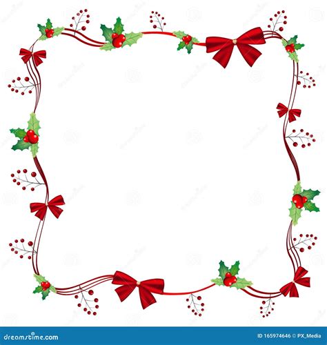 Christmas Frame With Mistletoe Berries And Bows Ribbons Stock