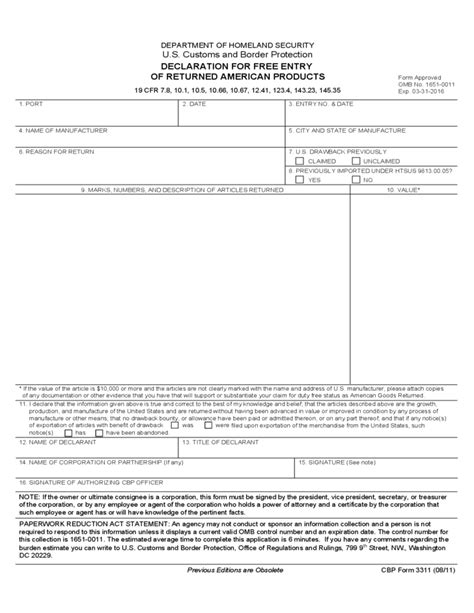 Cbp Form 3311 Declaration For Free Entry Of Returned American