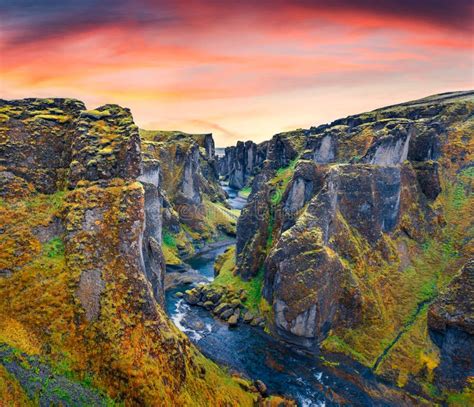 View From Flying Drone Of Fjadrargljufur Canyon And River Stock Image