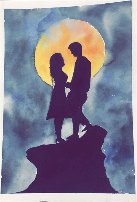 Acrylic Romantic Couple Silhouette Painting