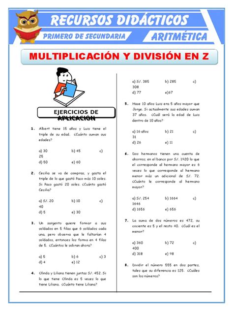 Ejercicios De Multiplicación Y División Para Primero De Secundariadoc División Matemáticas