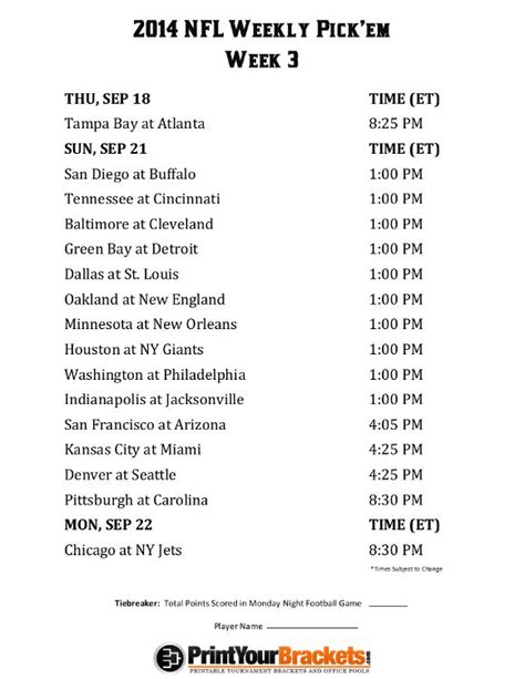 Printable Nfl Week 3 Schedule Pick Em Office Pool 2014 Nfl Nfl Week