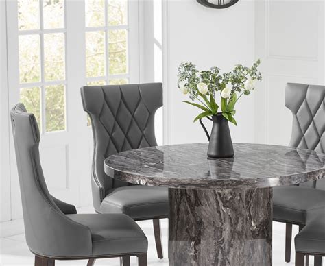 High quality modern wood kitchen table and chairs. Round grey marble dining table with 4 chairs - Homegenies